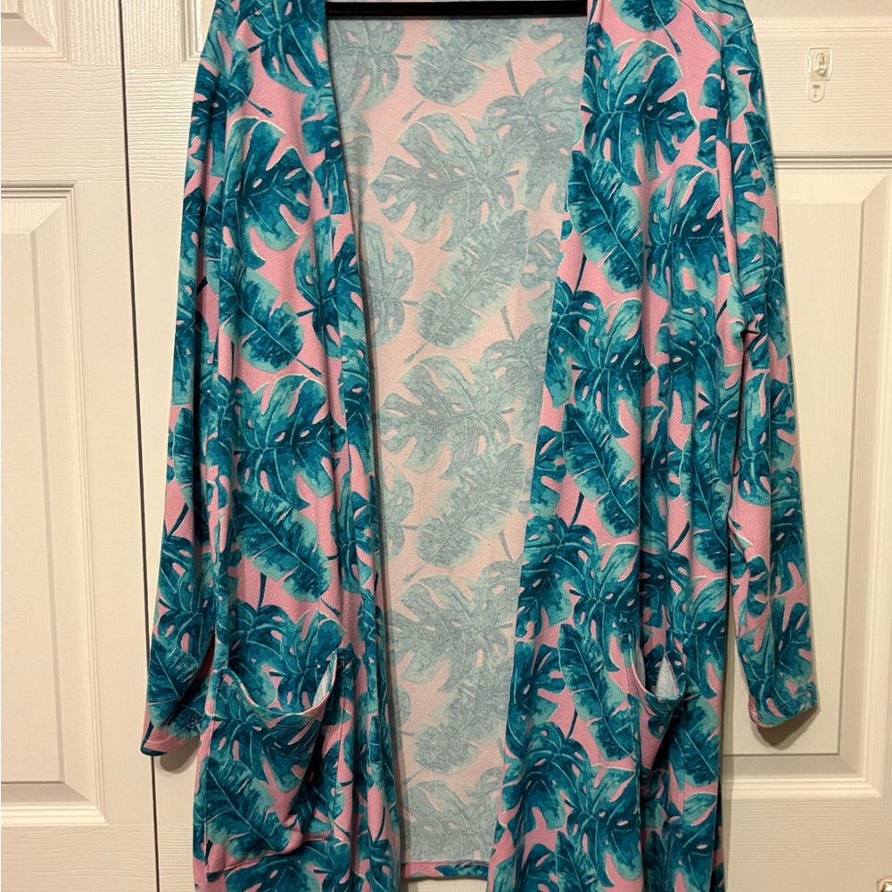LuLaRoe Tropical Leaf Cardigan - Teal and Pink